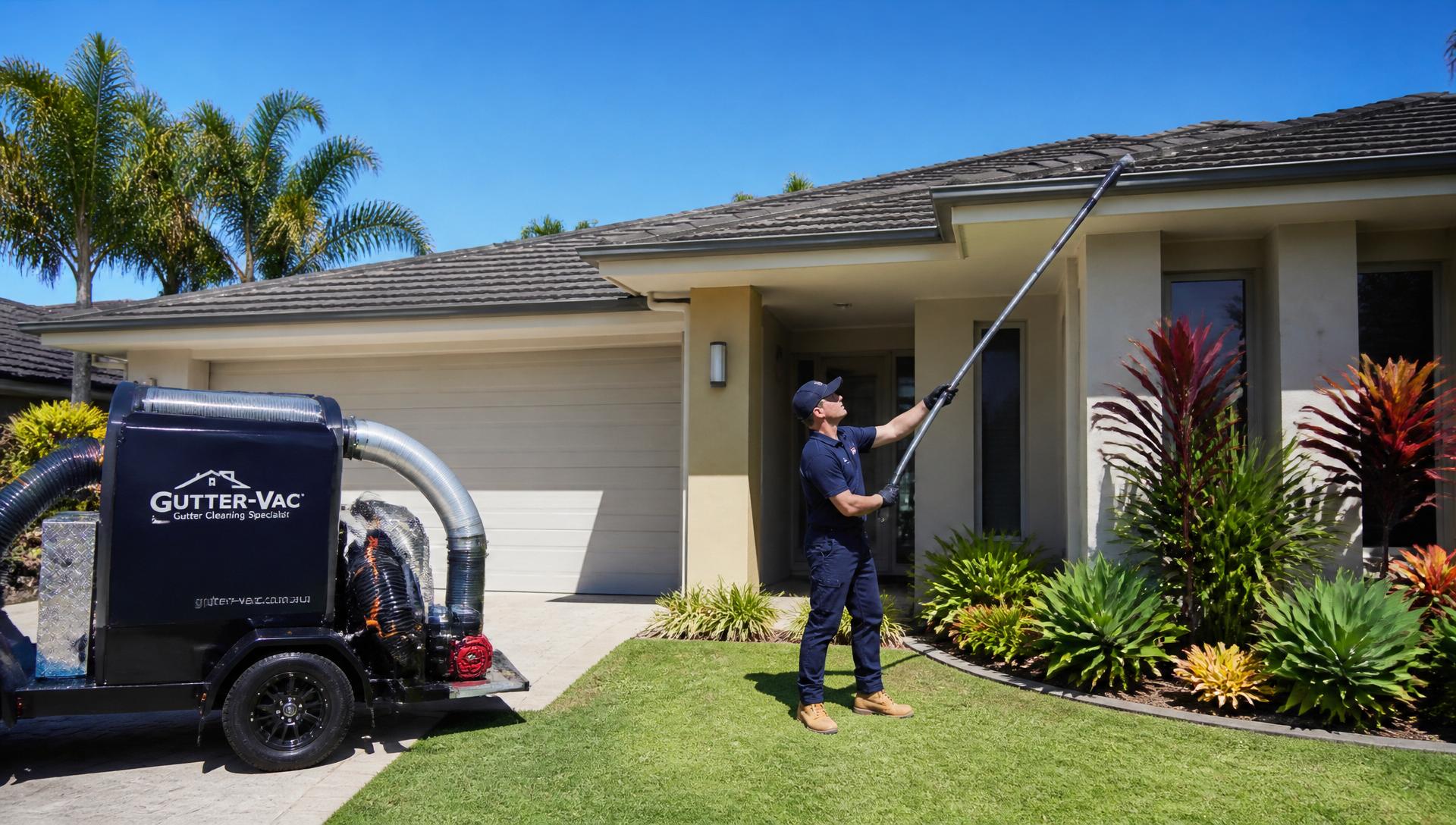 VacuClean team cleaning gutters on a Gold Coast home